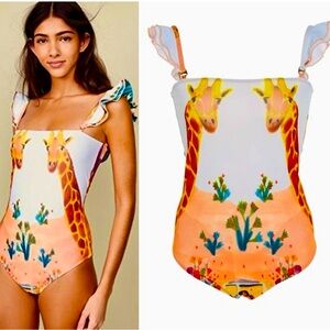 CAROLINA K. Giraffe Print Ruffle Sleeve One Piece Boho Swimsuit